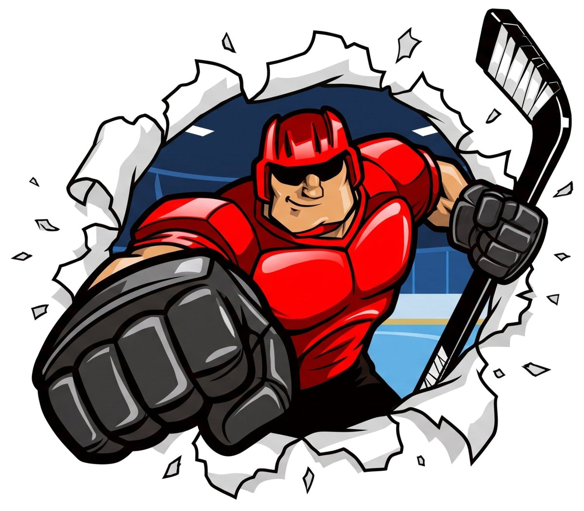 Hockey Joe punching through the page