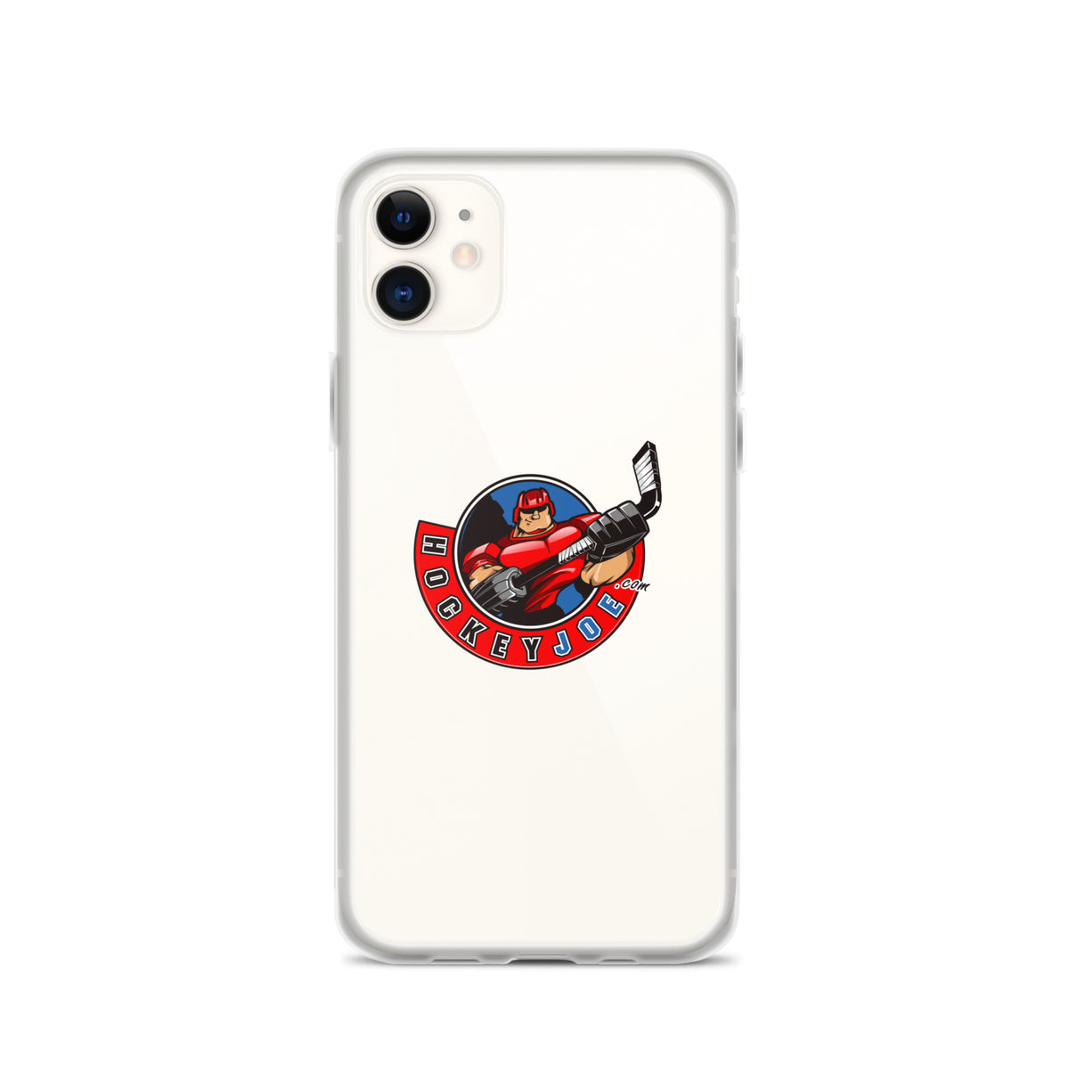 Hockey Joe clear case for iPhone 11 — original logo shown on phone; phone not included