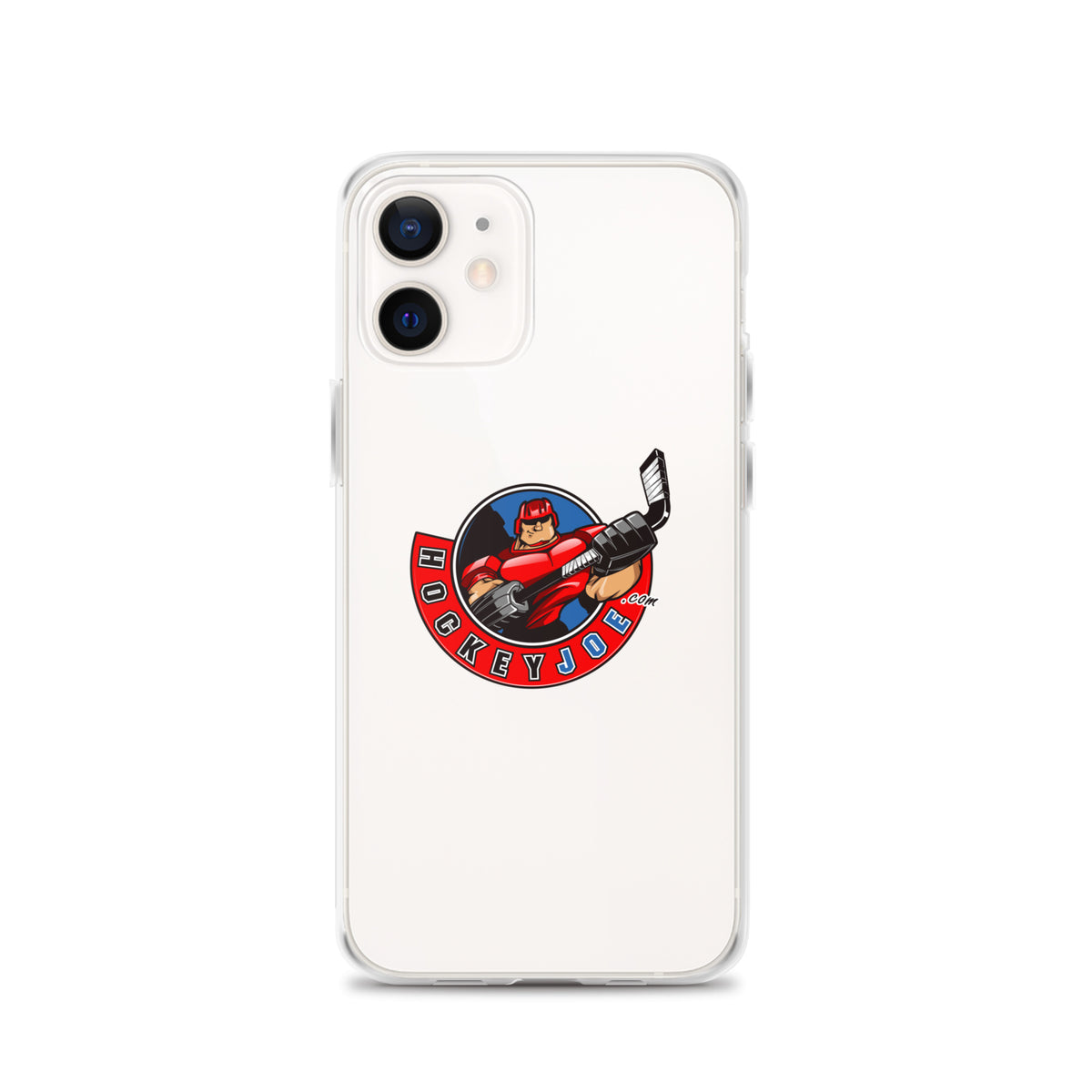 Hockey Joe clear case for iPhone 12 — original logo shown on phone; phone not included
