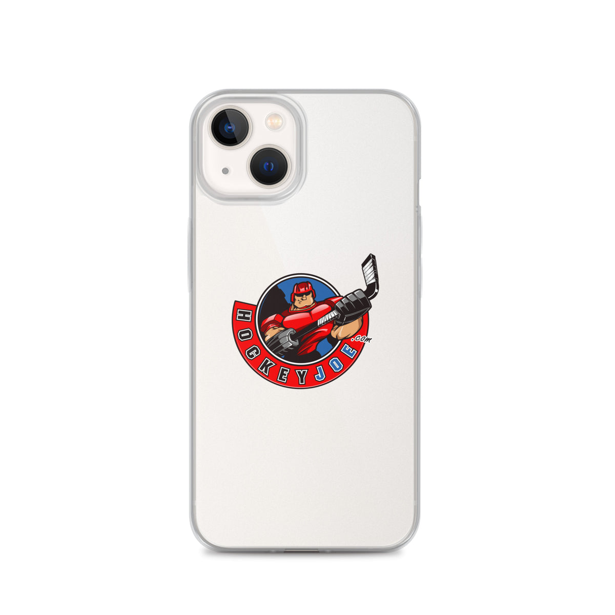 Hockey Joe clear case for iPhone 13 — original logo shown on phone; phone not included