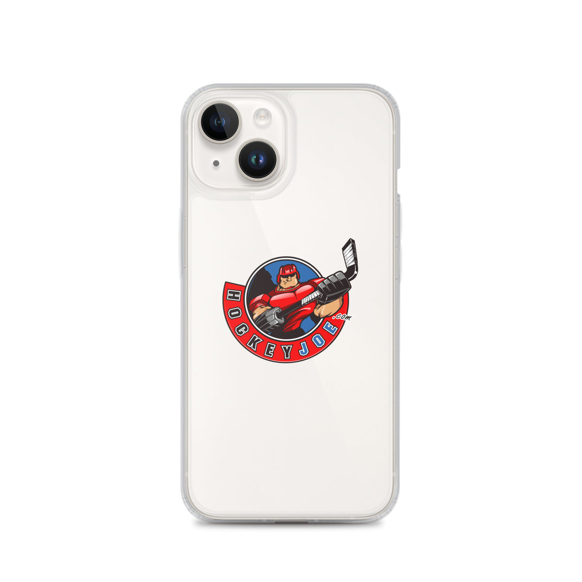Hockey Joe clear case for iPhone 14 — original logo shown on phone; phone not included