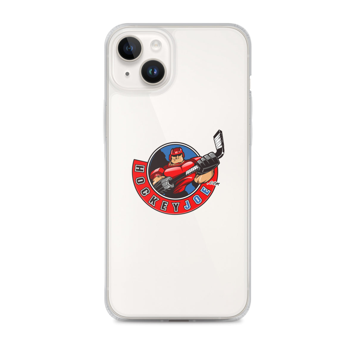 Hockey Joe clear case for iPhone 14 Plus — original logo shown on phone; phone not included