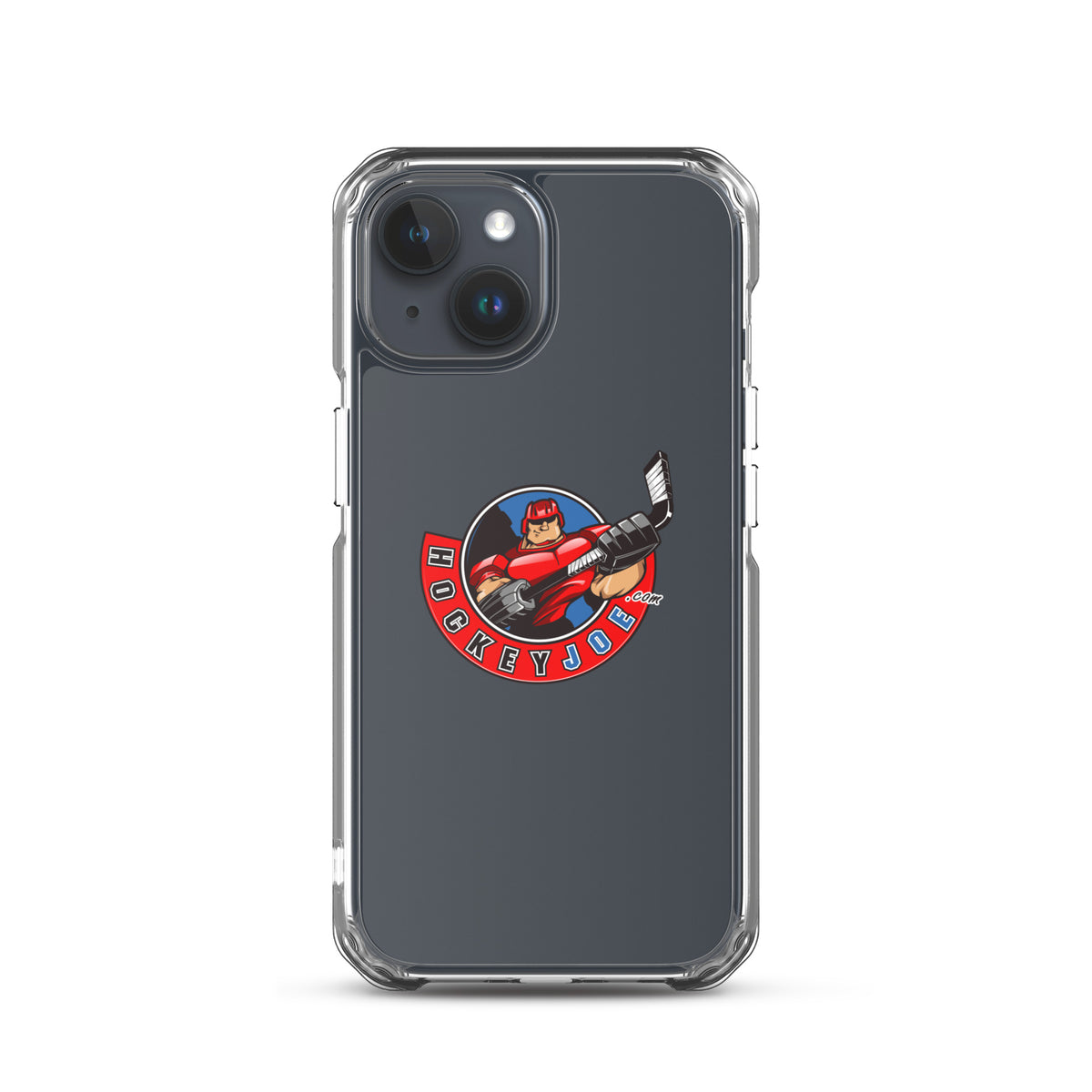 Hockey Joe clear case for iPhone 15 — original logo shown on phone; phone not included
