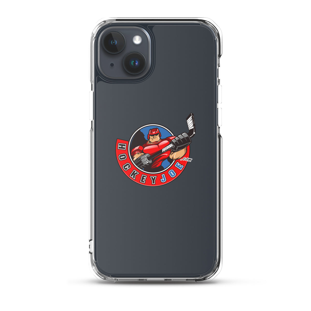 Hockey Joe clear case for iPhone 15 Plus — original logo shown on phone; phone not included
