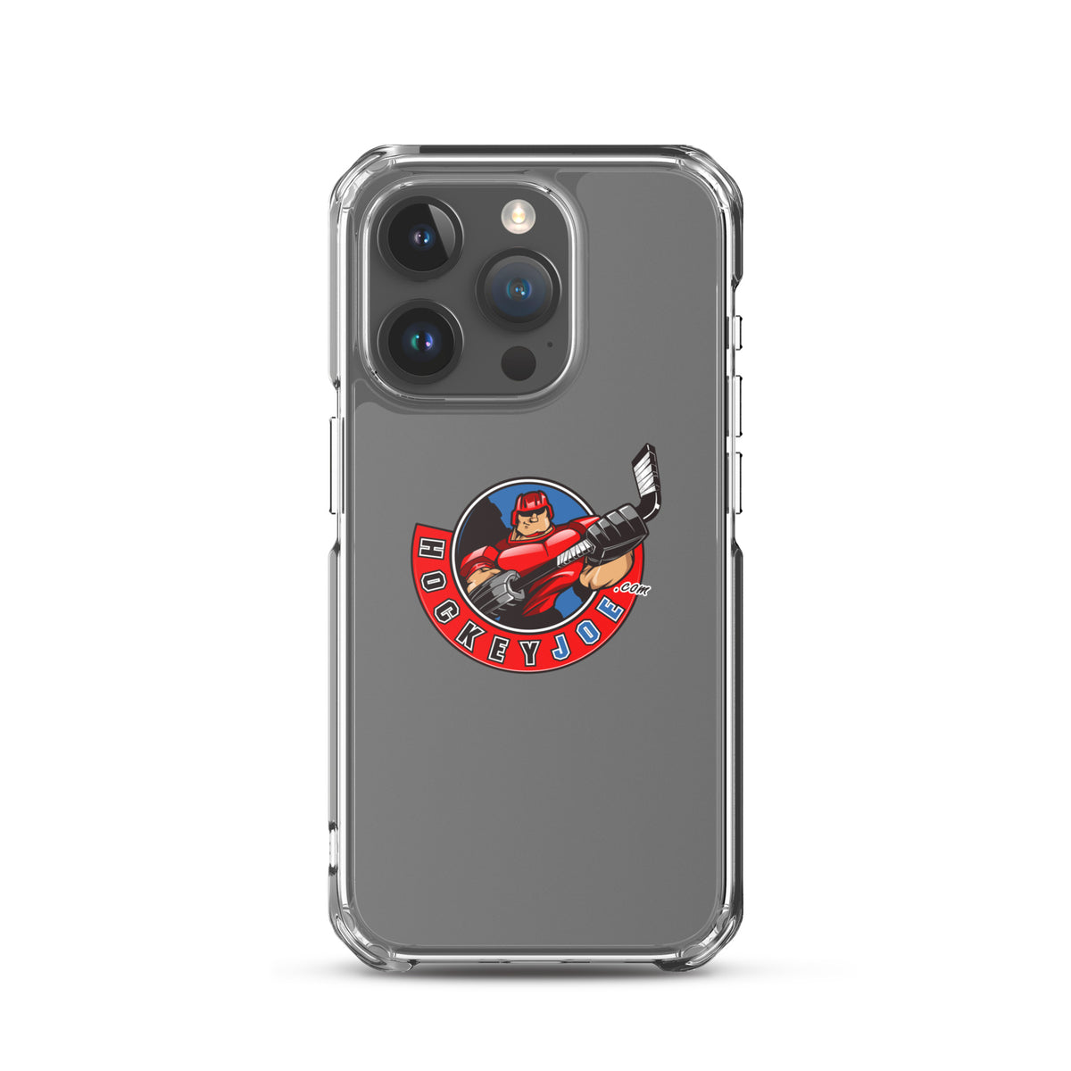Hockey Joe clear case for iPhone 15 Pro — original logo shown on phone; phone not included