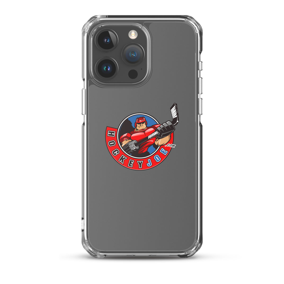 Hockey Joe clear case for iPhone 15 Pro Max — original logo shown on phone; phone not included