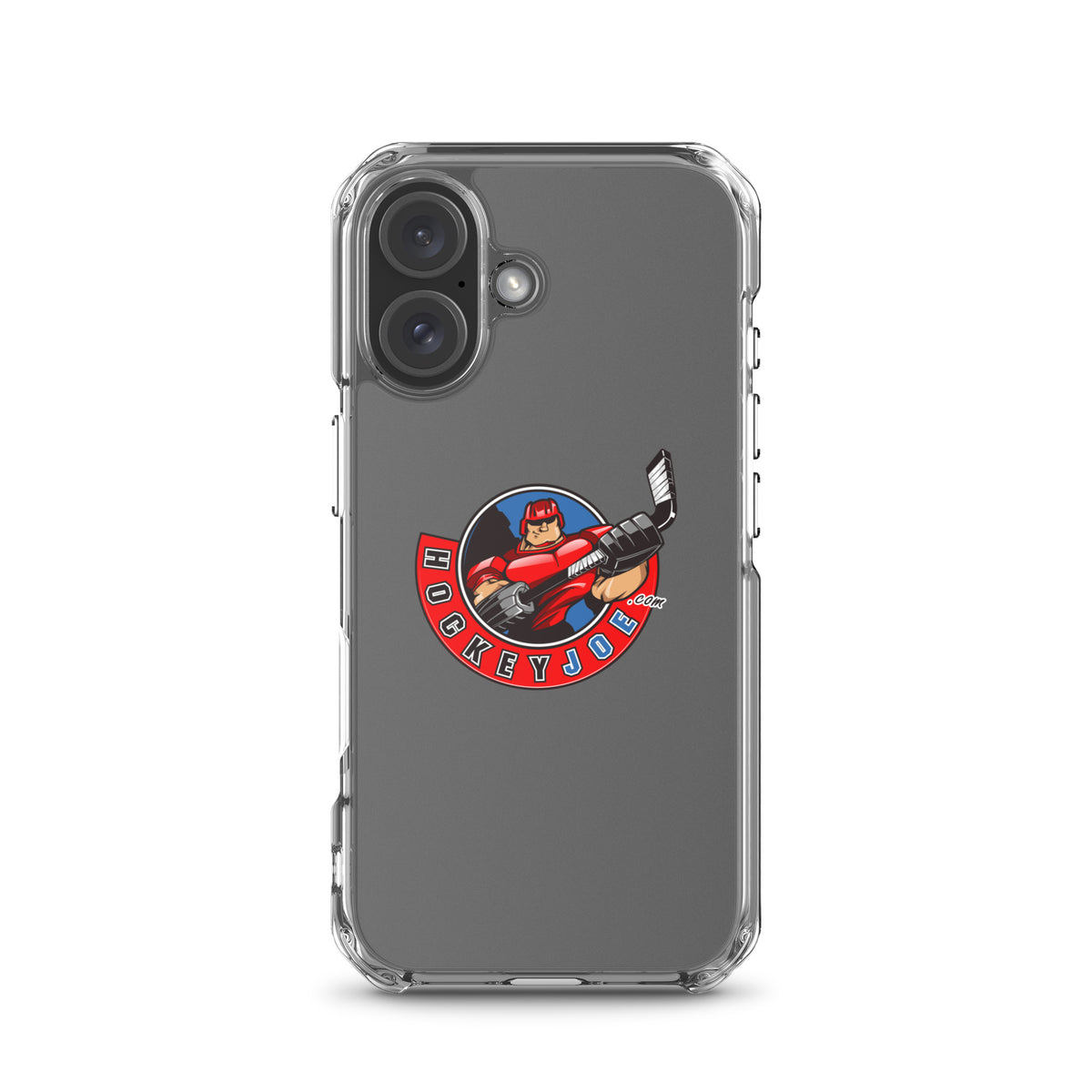 Hockey Joe clear case for iPhone 16 — original logo shown on phone; phone not included