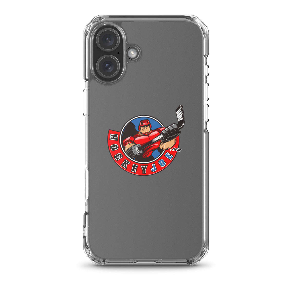 Hockey Joe clear case for iPhone 16 Plus — original logo shown on phone; phone not included