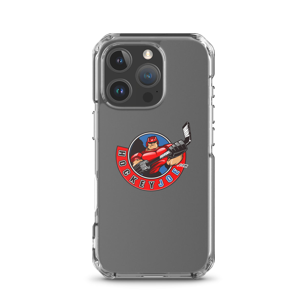 Hockey Joe clear case for iPhone 16 Pro — original logo shown on phone; phone not included