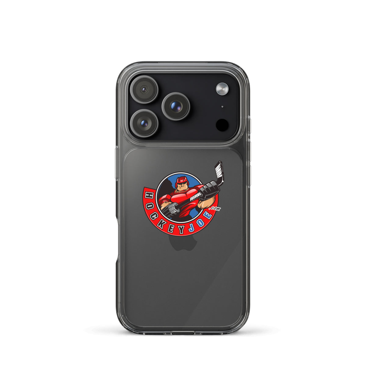 Hockey Joe clear case for iPhone 17 Pro — original logo shown on phone; phone not included