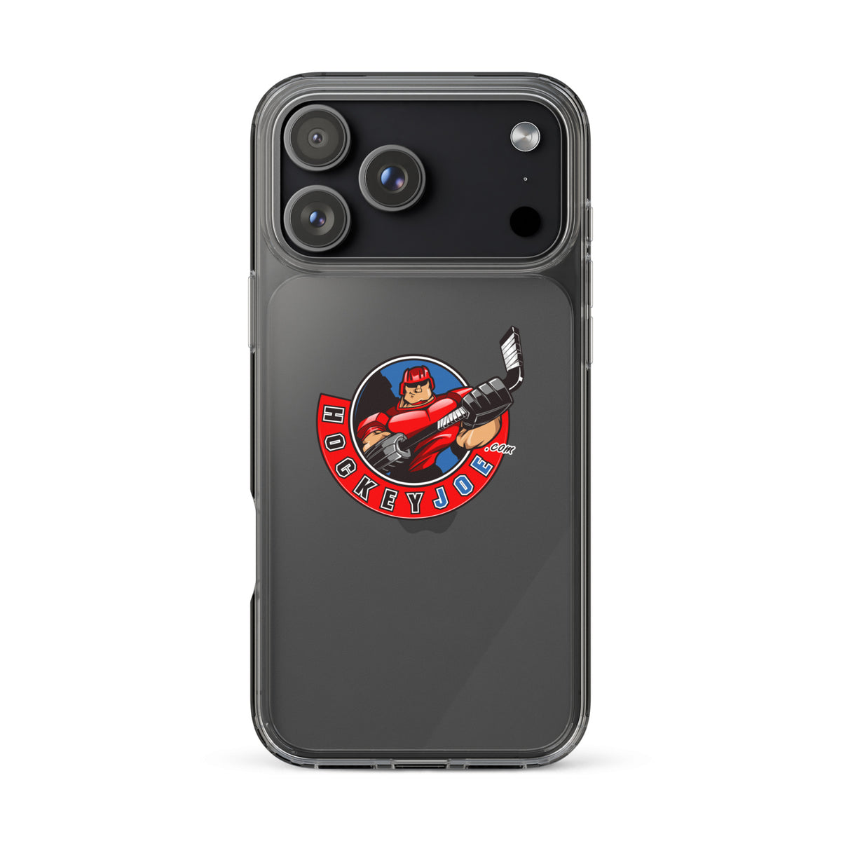 Hockey Joe clear case for iPhone 17 Pro Max — original logo shown on phone; phone not included