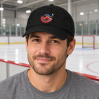 Hockey Joe Classic Cap in Black — model at a hockey rink, AI lifestyle mockup