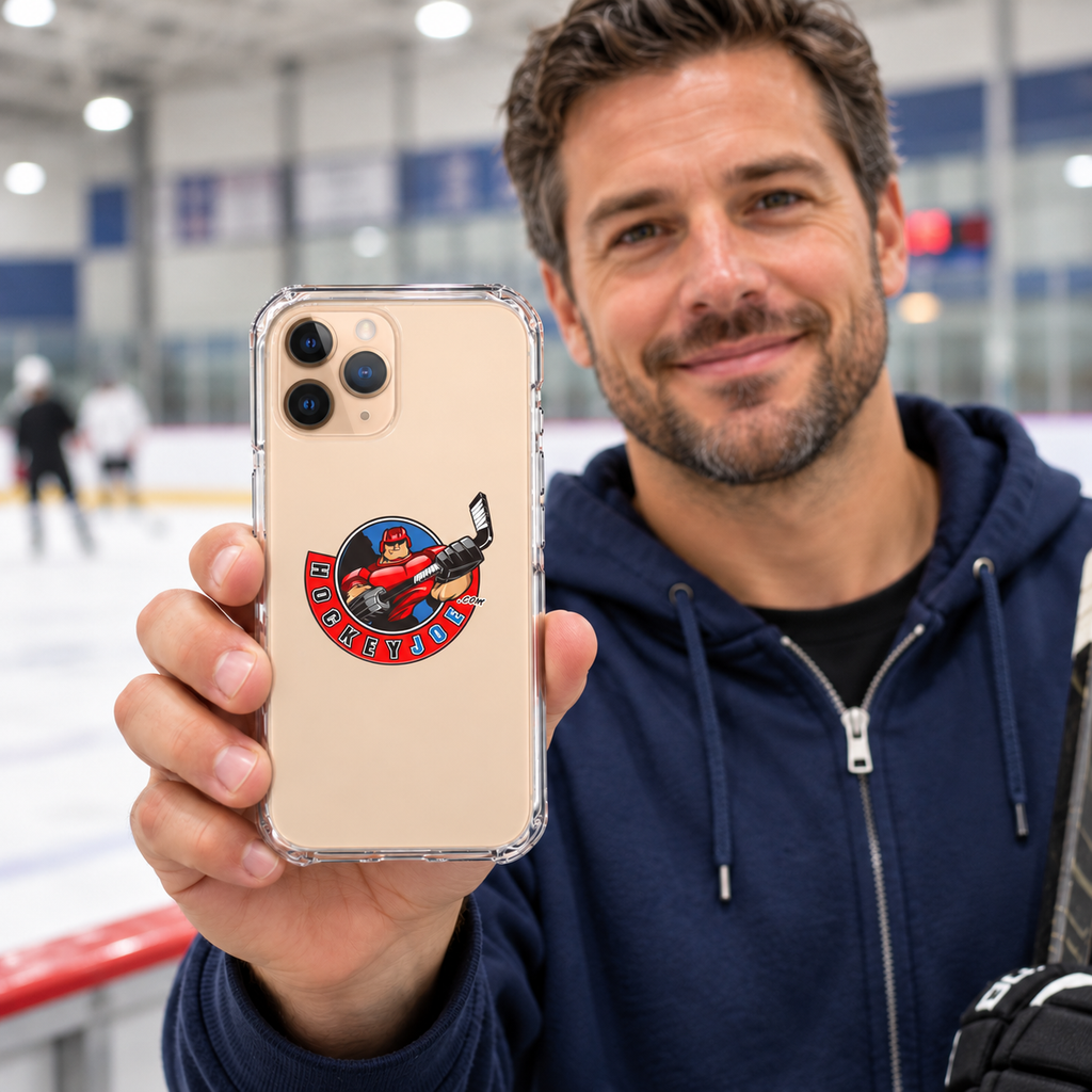 Hockey Joe clear case for iPhone 11 Pro Max — rink-side lifestyle mockup; phone not included