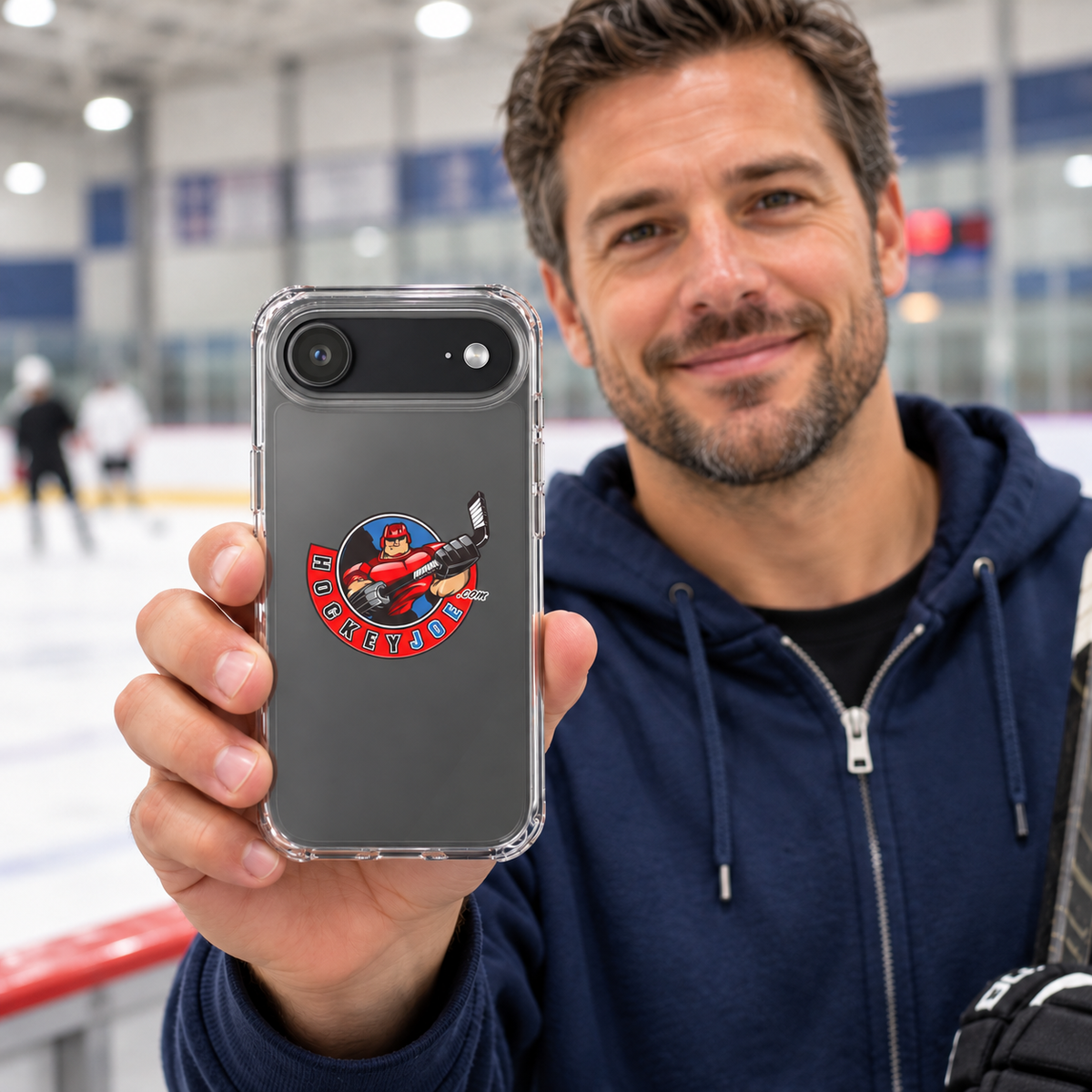Hockey Joe clear case for iPhone 17 Air — rink-side lifestyle mockup; phone not included