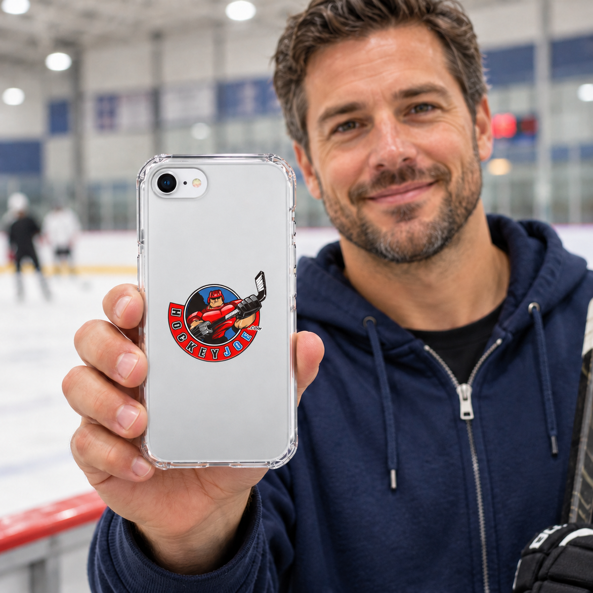 Hockey Joe clear case for iPhone SE — rink-side lifestyle mockup; phone not included