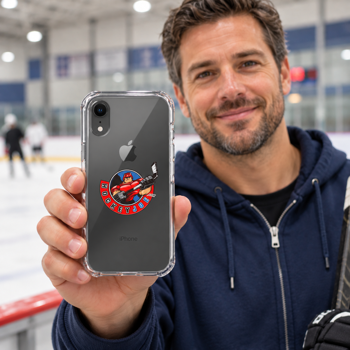 Hockey Joe clear case for iPhone XR — rink-side lifestyle mockup; phone not included