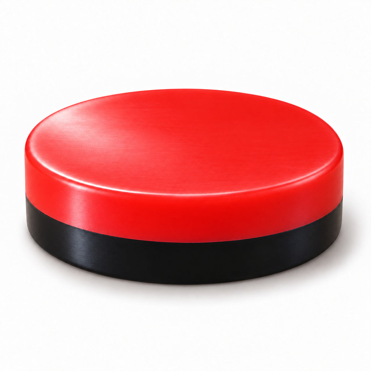 One red and black custom team-color Hockey Joe wax puck on a white background