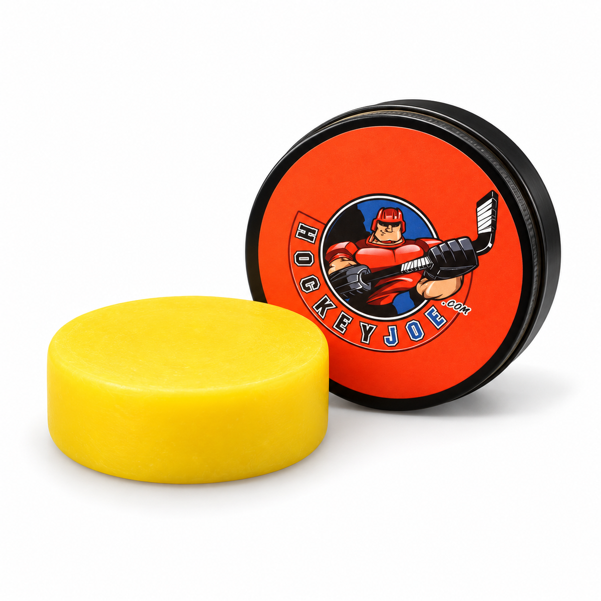 Hockey Joe full-size hockey stick wax with its tin on white; banana scent shown