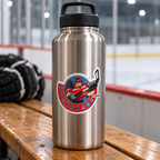 Hockey Joe logo sticker on a stainless steel water bottle beside a hockey rink — lifestyle mockup.