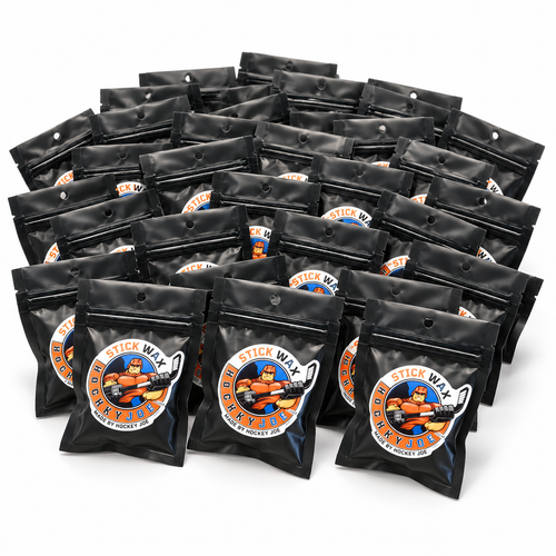Hockey Joe tournament giveaway hockey wax in small black resealable pouches on a white background