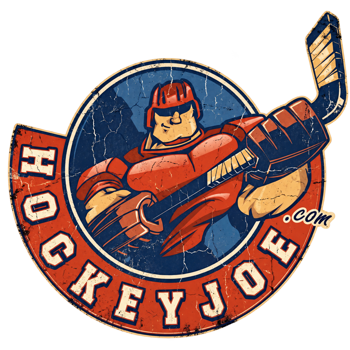 HockeyJoe.com vintage artwork detail — distressed red, blue and cream design