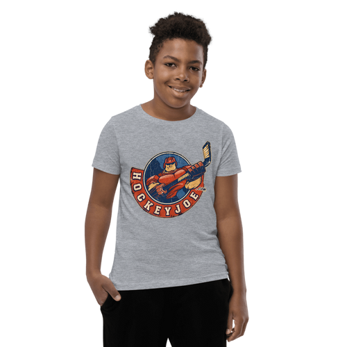 Boy wearing the Hockey Joe Youth Vintage T-Shirt in Athletic Heather