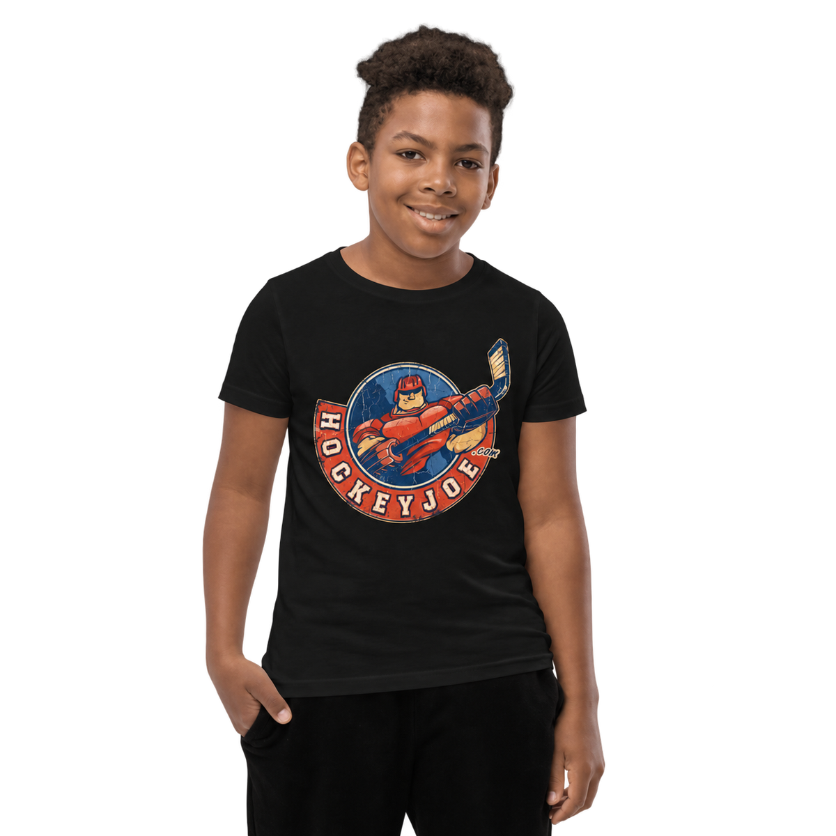 Model mockup of a boy wearing the Hockey Joe Youth Vintage T-Shirt in Black