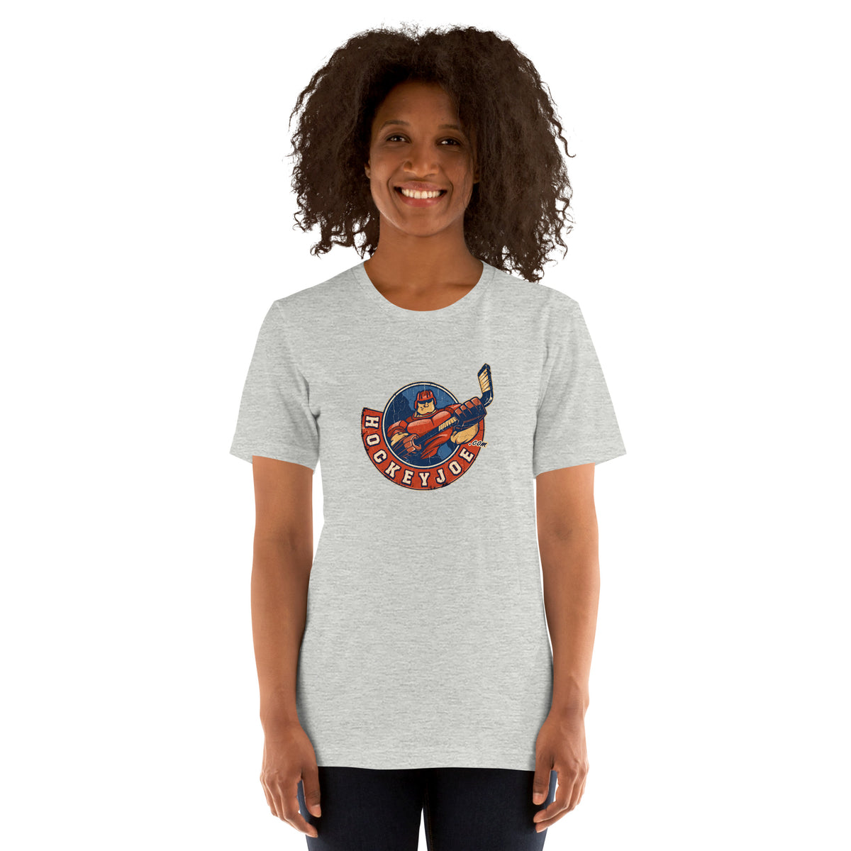 Woman wearing the Hockey Joe Adult Vintage T-Shirt in Athletic Heather