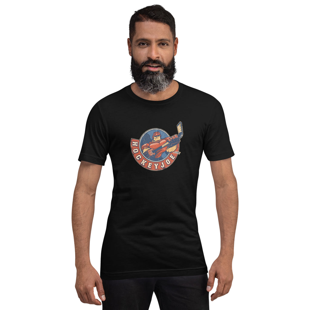 Man wearing the Hockey Joe Adult Vintage T-Shirt in Black