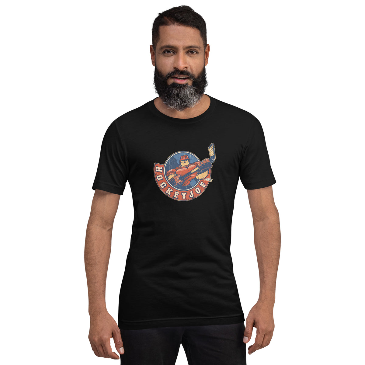Man wearing the Hockey Joe Adult Vintage T-Shirt in Black