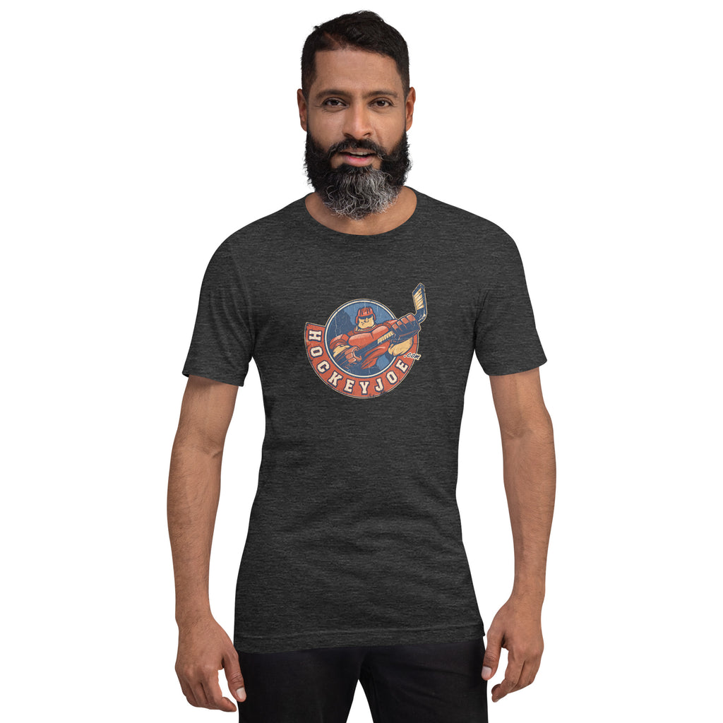 Man wearing the Hockey Joe Adult Vintage T-Shirt in Dark Grey Heather