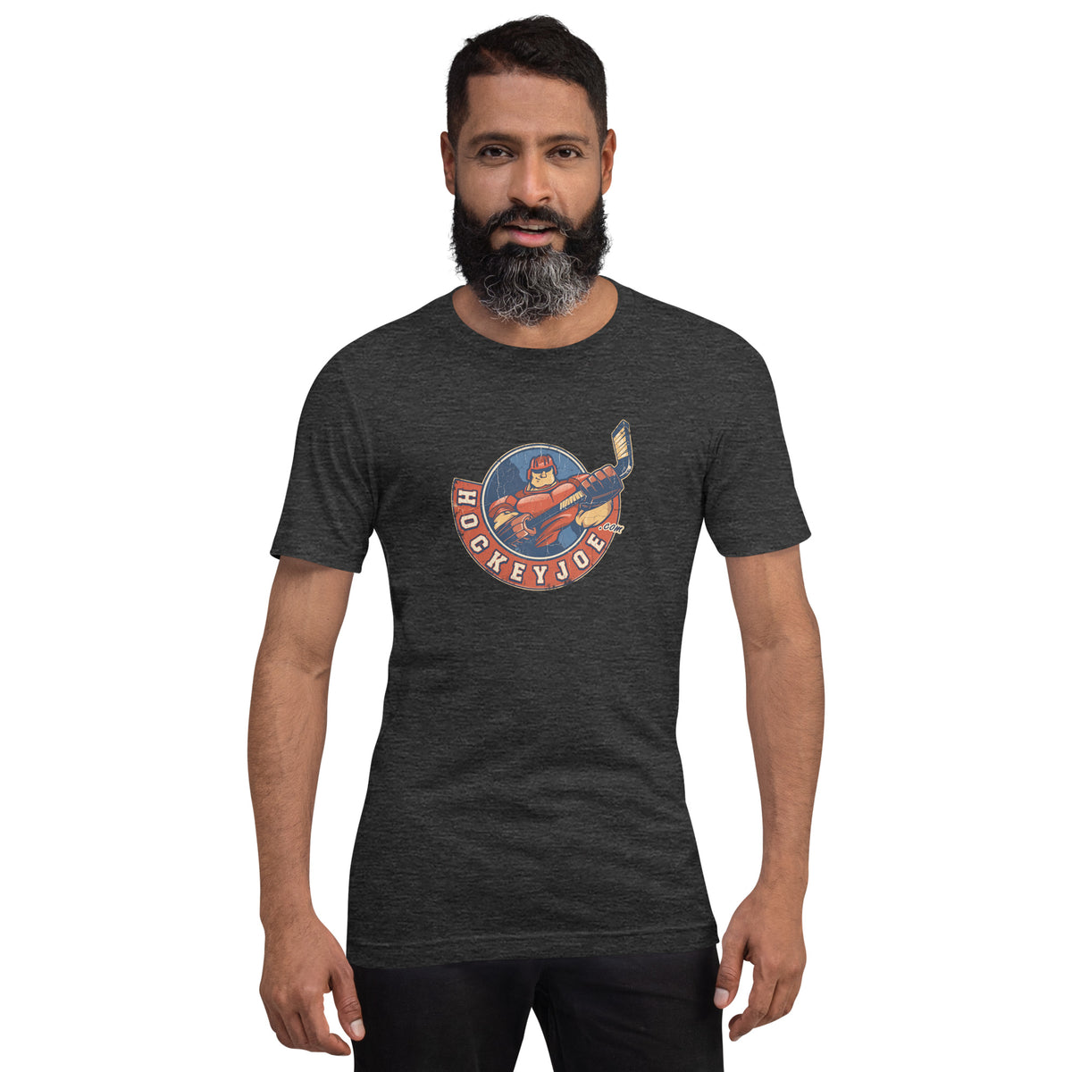 Man wearing the Hockey Joe Adult Vintage T-Shirt in Dark Grey Heather