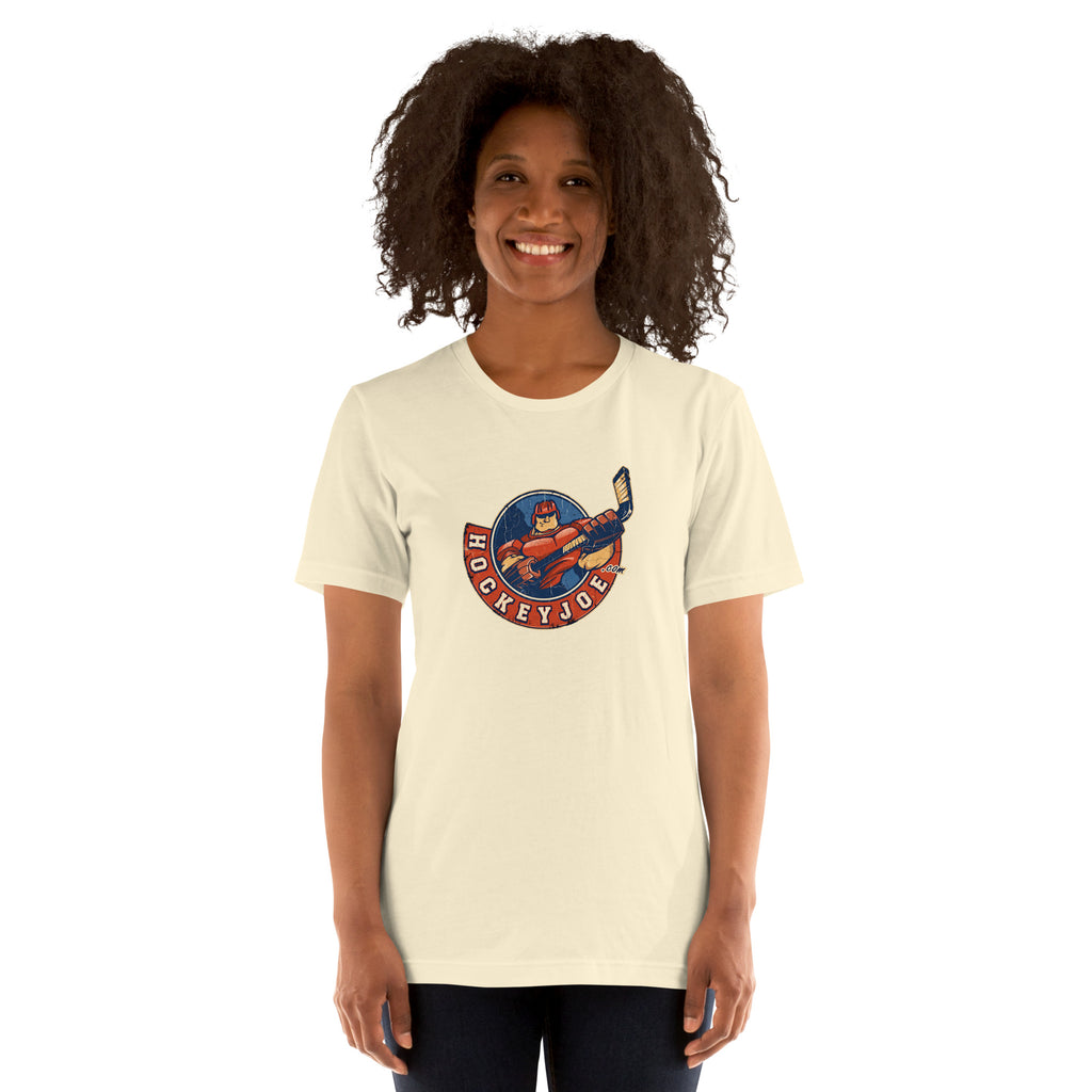 Woman wearing the Hockey Joe Adult Vintage T-Shirt in Natural