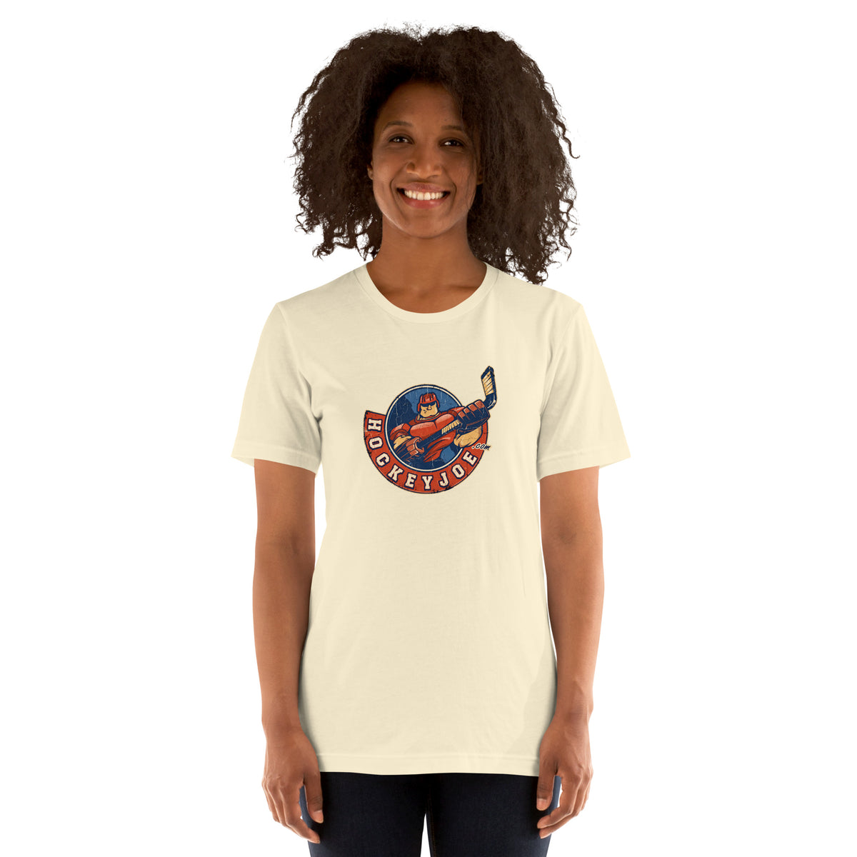 Woman wearing the Hockey Joe Adult Vintage T-Shirt in Natural